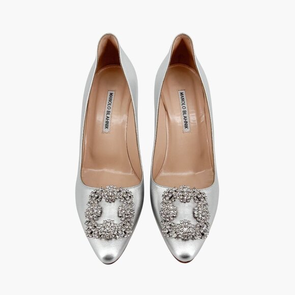 Manolo Blahnik Hangisi Pumps Heels Silver Size 39 US 9 Women Crystal Buckle - Picture 3 of 15